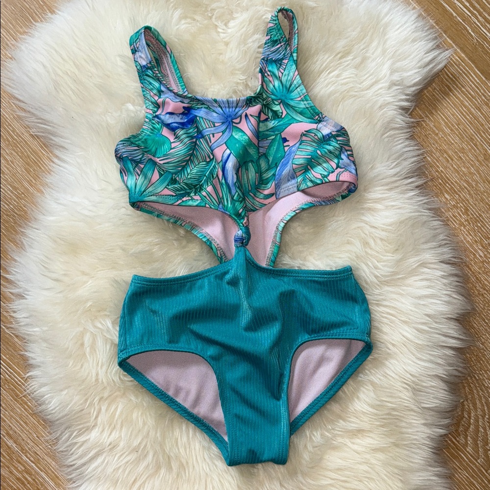 art class Girls’ XS 4/5 Teal & Pink Tropical Cutout One-Piece Swimsuit